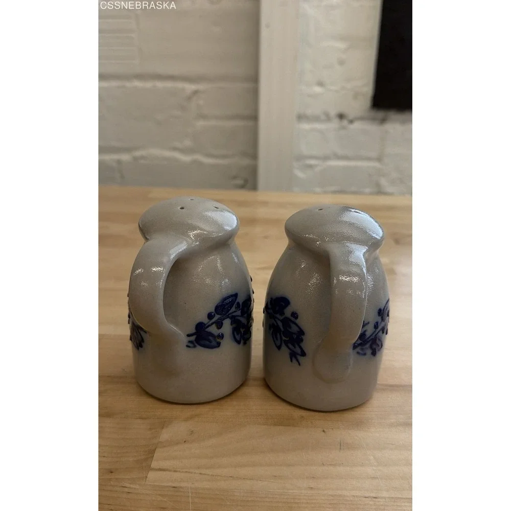 Vintage Salt Glaze Stoneware Salt and Pepper Shakers Blue Floral 2 Piece Set
